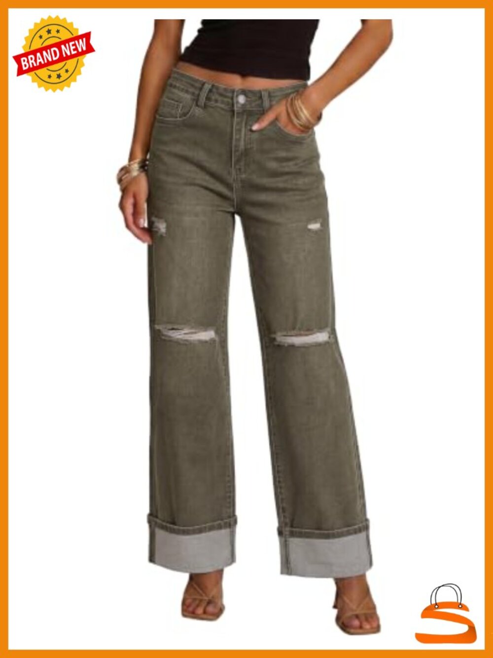 Wide Leg High Waisted Stretchy Ripped Denim Jeans Cuffed Roll Hem 29 Inseam
